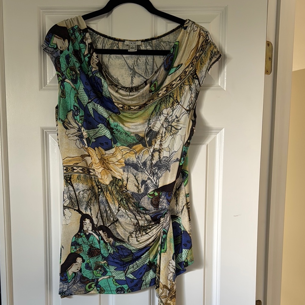 Cache Blue and Green Asymmetrical Tie Front Cap Sleeve Blouse